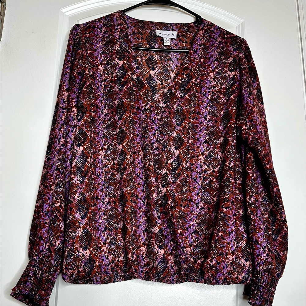 Veronica M Faux Wrap Long Sleeve Blouse  Abstract Animal Snakeskin Print  Size S